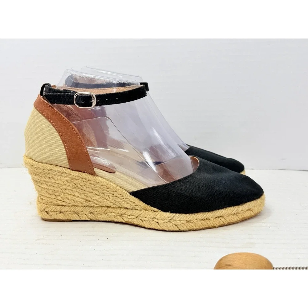 Brooks Brothers Womens US 7.5 Black Canvas Espadrille Wedge Ankle Strap